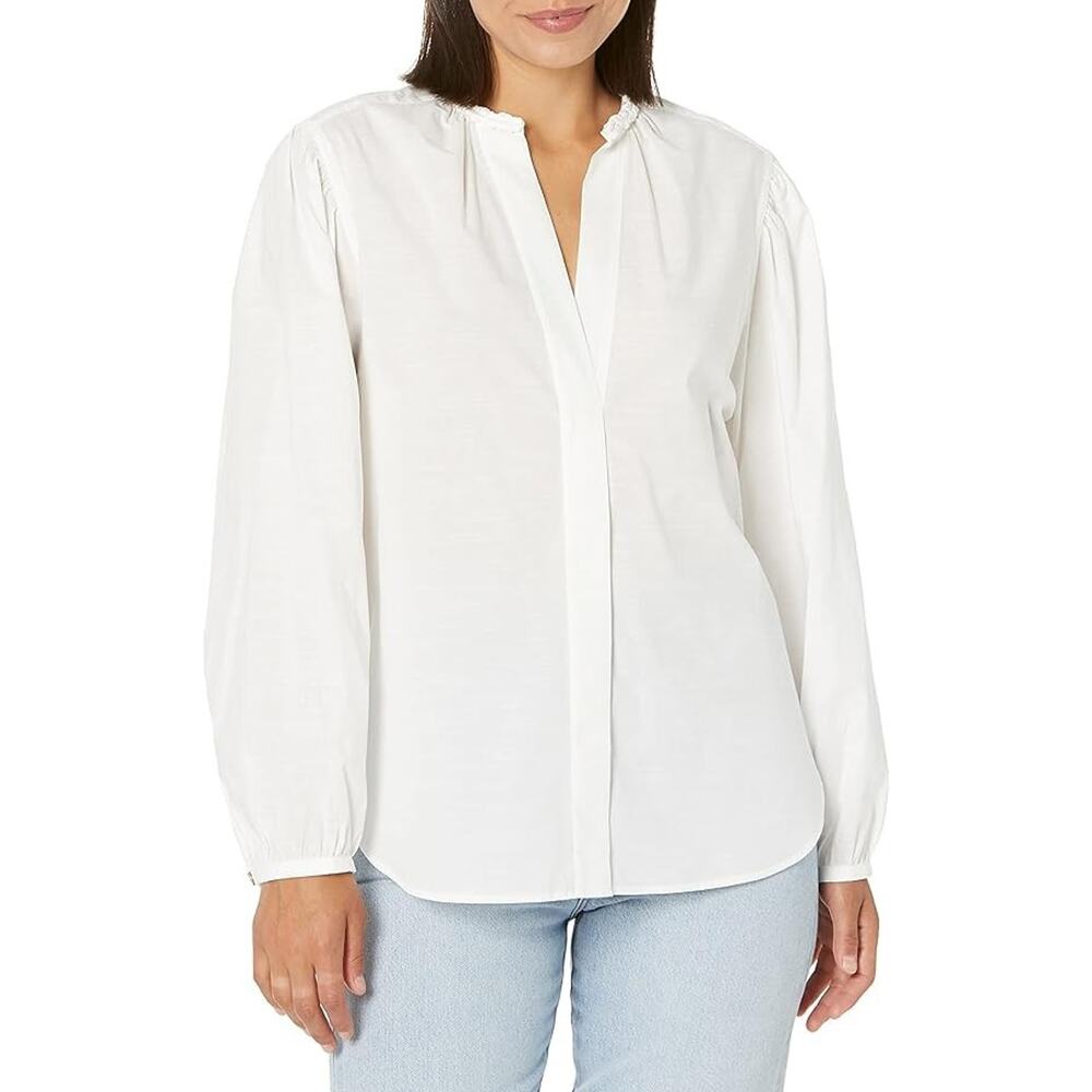 Vince Women's Braid Trim Band Collar Blouse White Button up Top Deep V-Neck XL - Picture 16 of 16